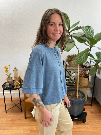 Slate Blue Round Neck Short Sleeve Sweater