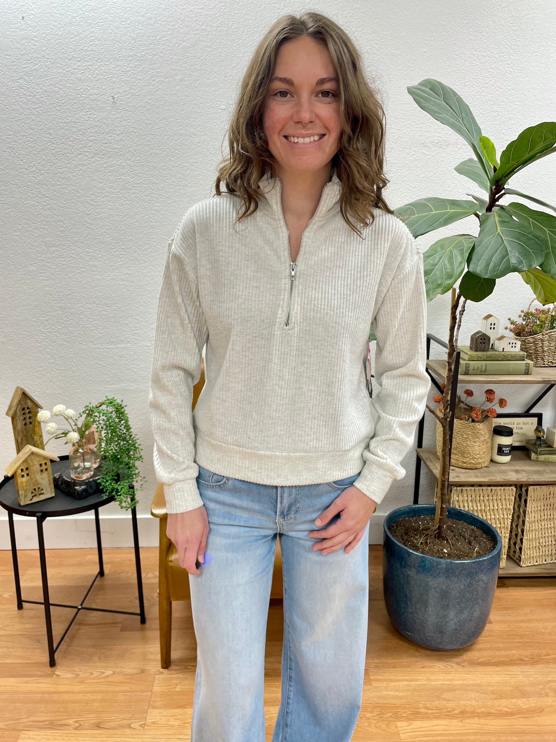 Oatmeal Half Zip Top - Terra Cottage