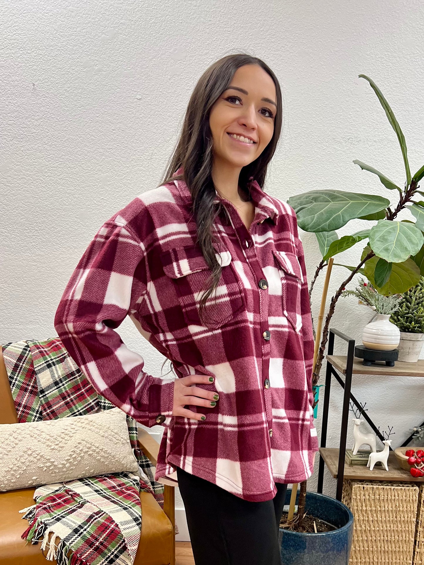 Burgundy Plaid Fleece Shacket