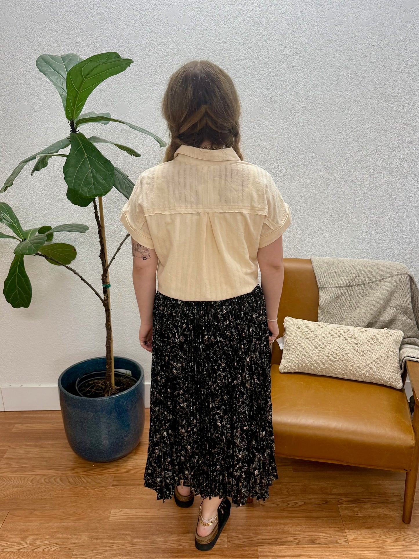Black Floral Crepe Midi Skirt