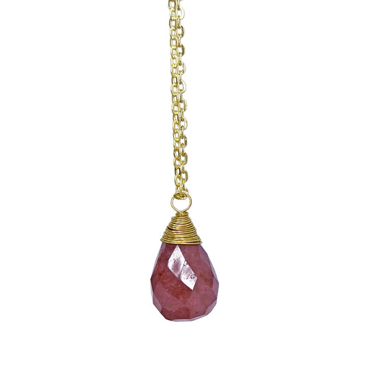 Gold-Plated Strawberry Quartz Teardrop Necklace