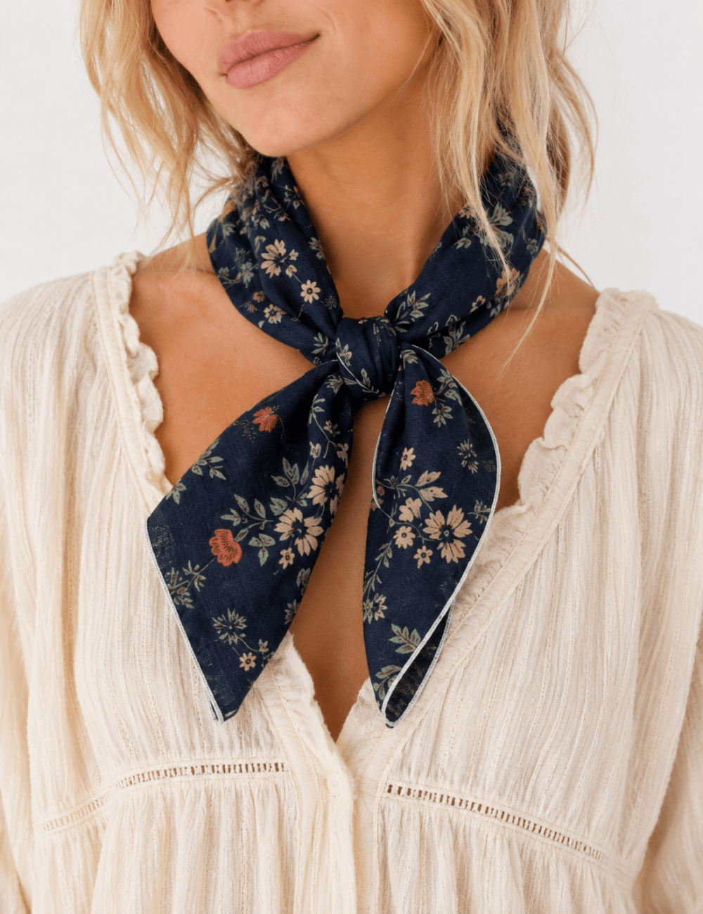 Navy Floral Print Cotton-Linen Bandana Scarf