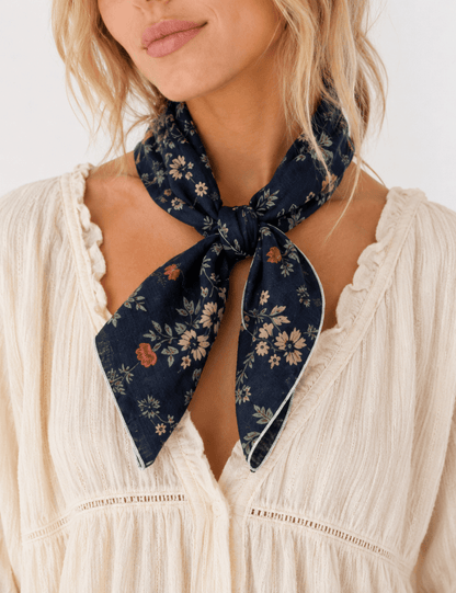 Navy Floral Print Cotton-Linen Bandana Scarf