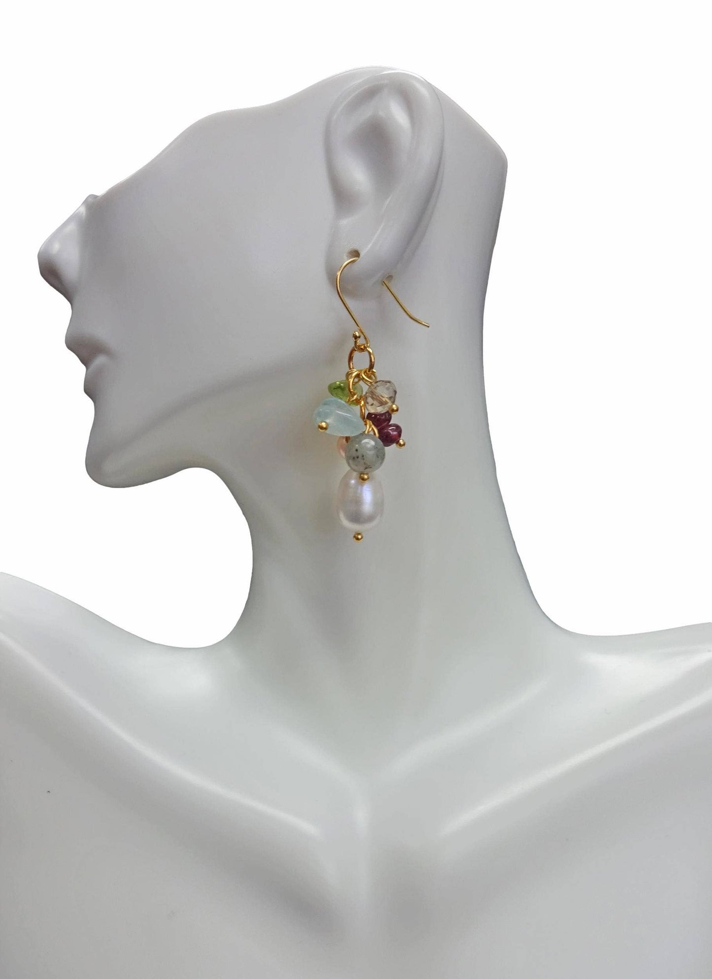 Mix Stone Cluster Pearl Drop Earring