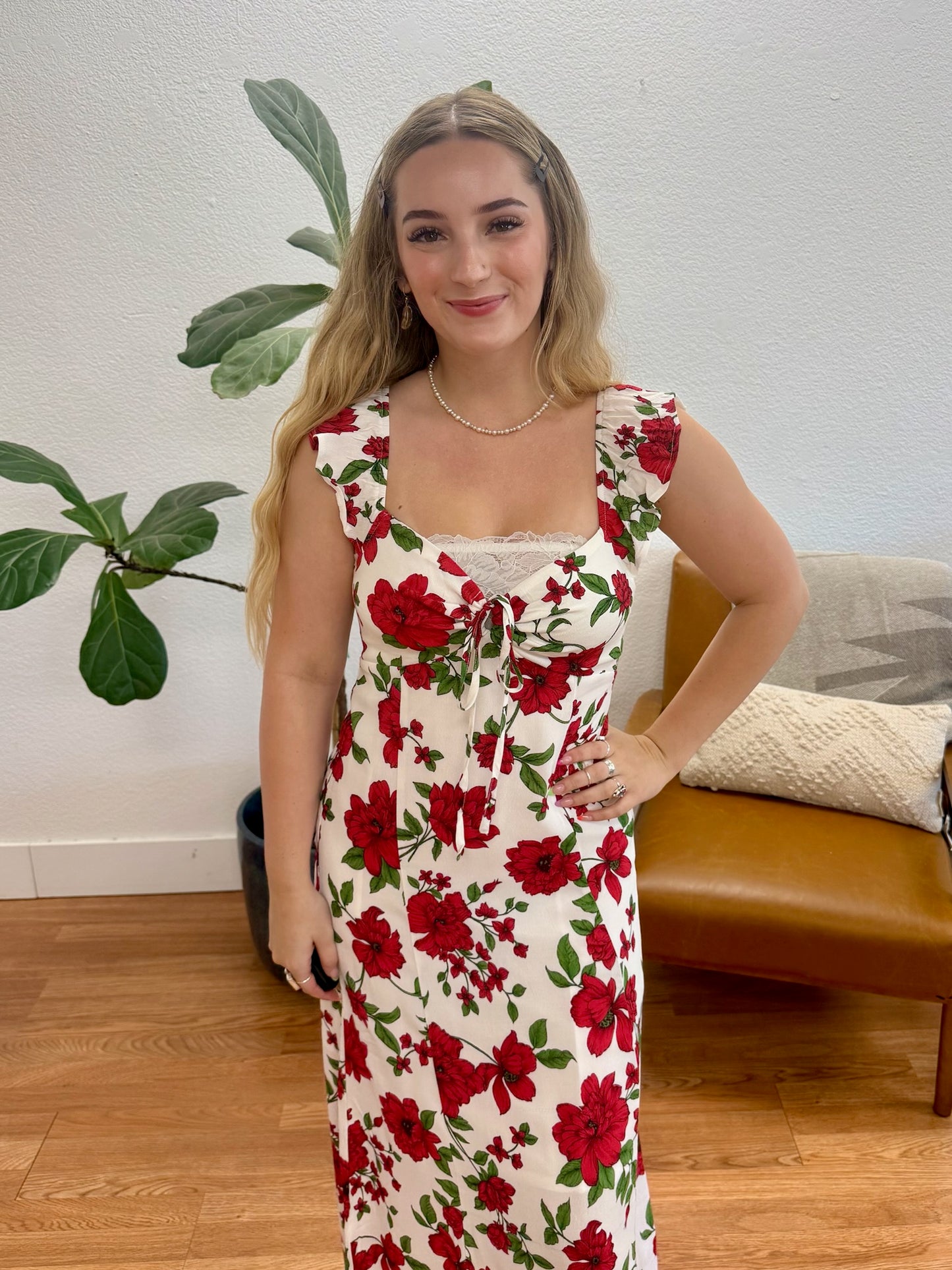 Cream Floral Cut Out Midi Dress