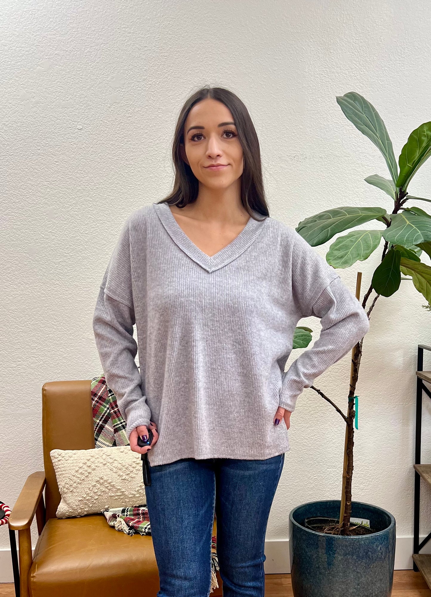 Grey V Neck Drop Shoulder Top