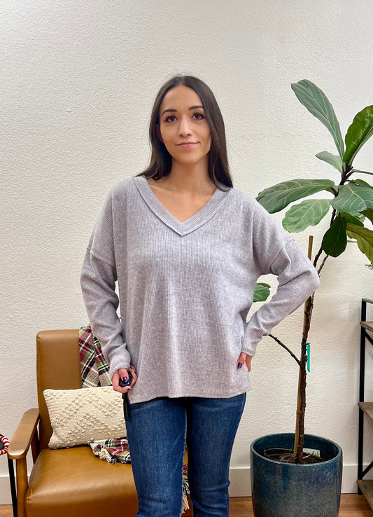 Grey V Neck Drop Shoulder Top