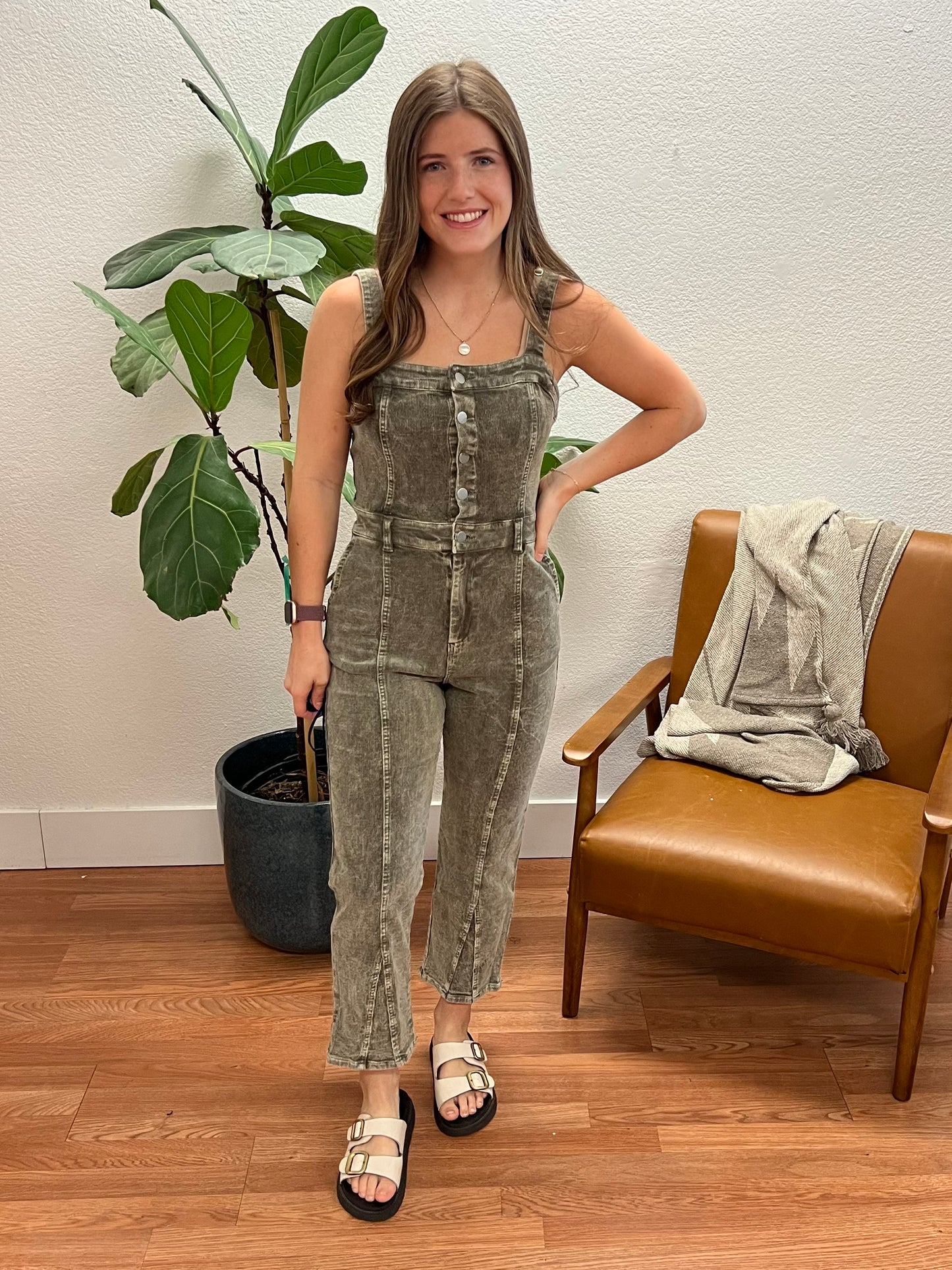 Olive Washed Corduroy Jumpsuit