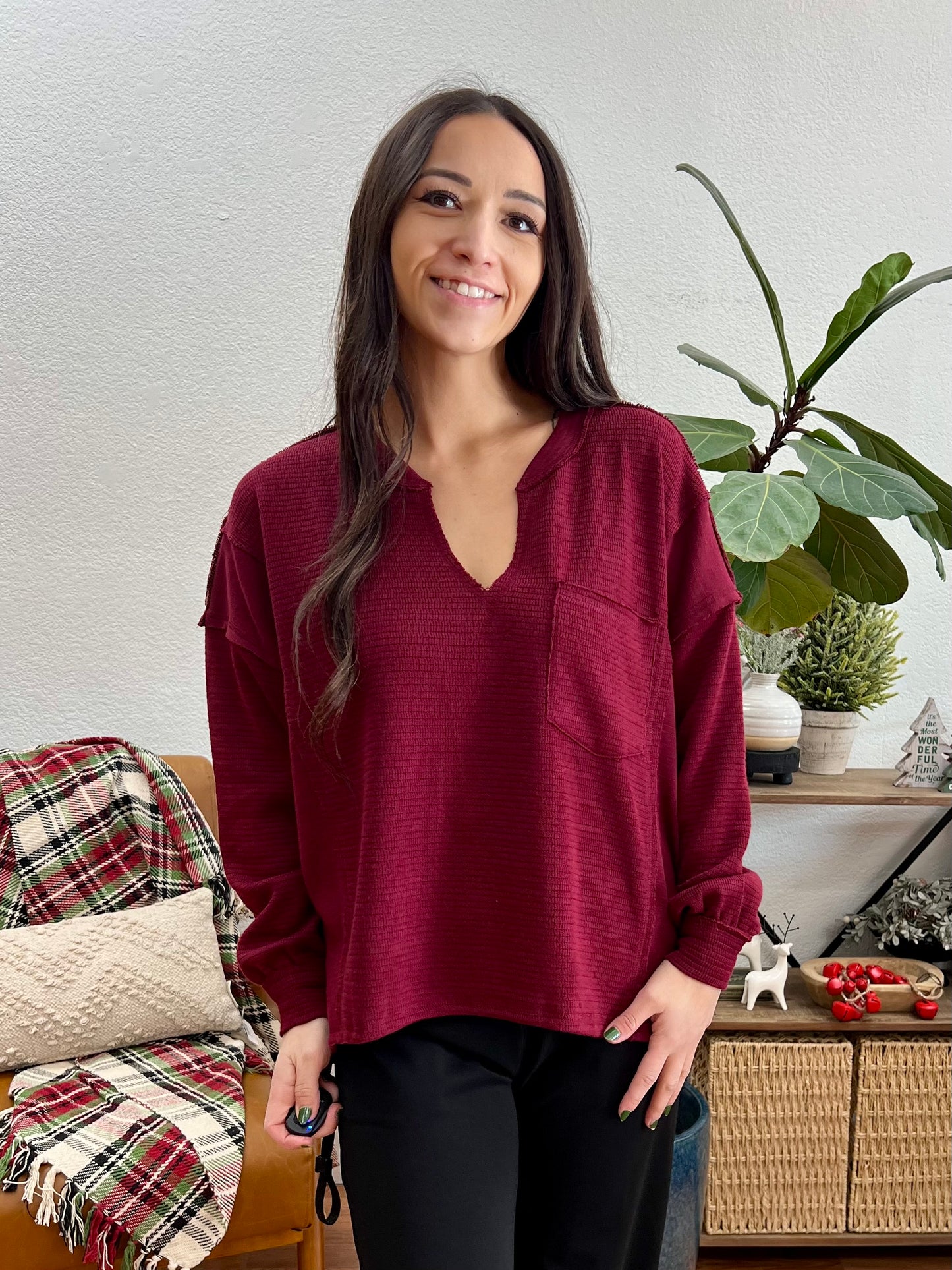 Burgundy Patchwork Split Neck Knit Top
