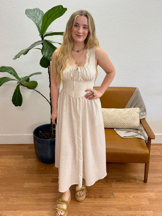 Light Taupe Corset Detail Midi Dress
