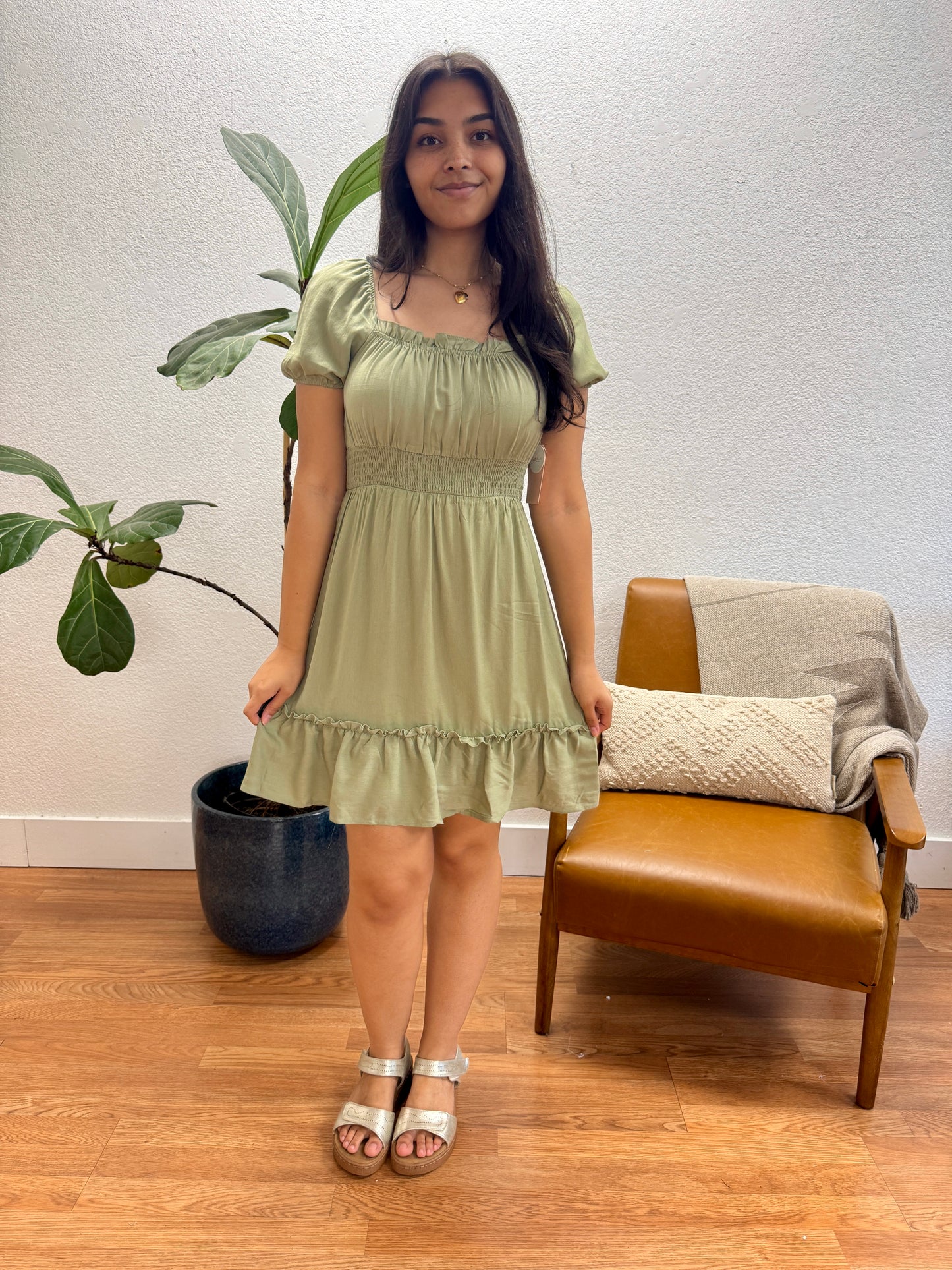 Light Olive Ruffle Trim Dress