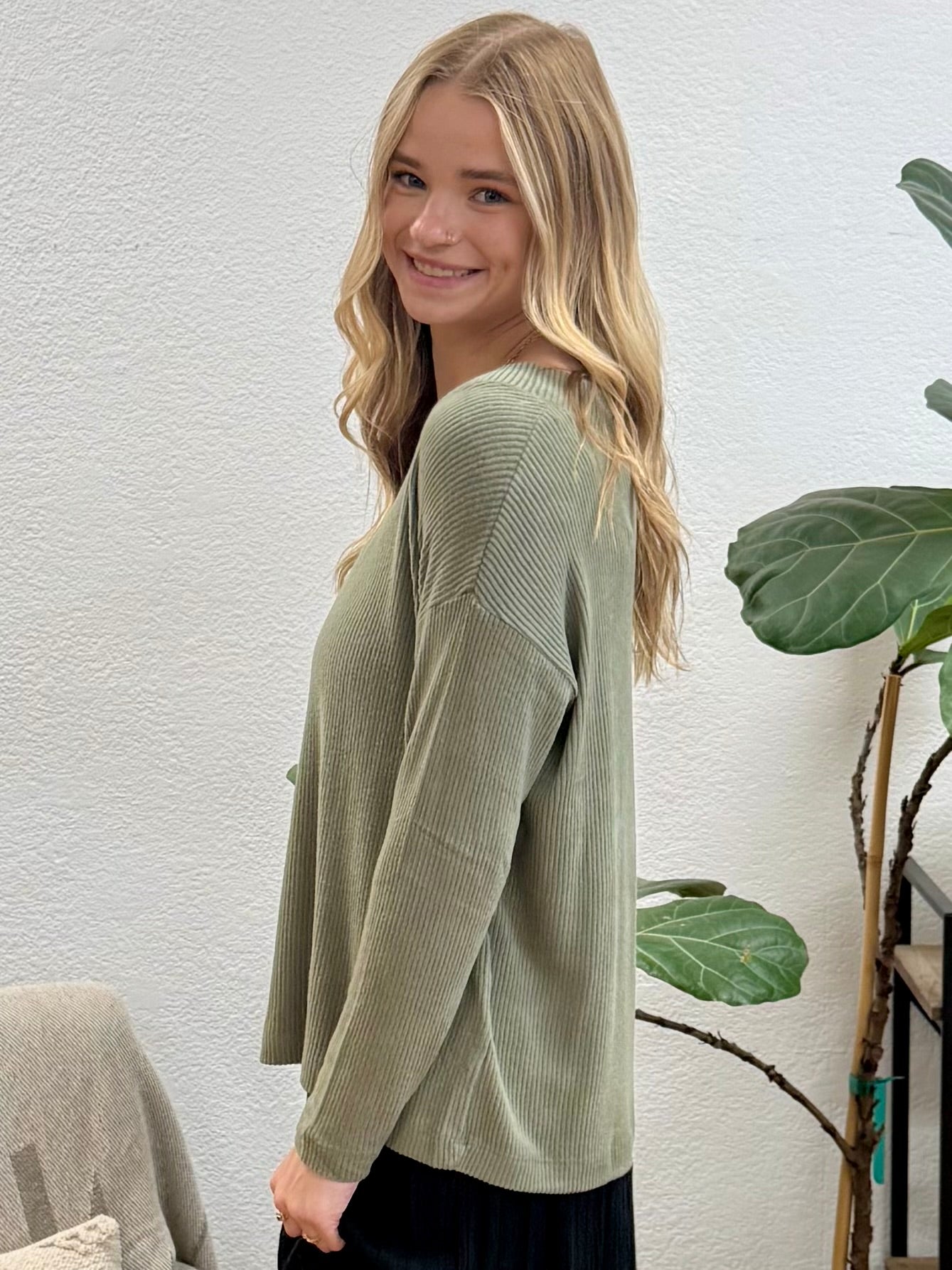 Olive V Neck Long Sleeve