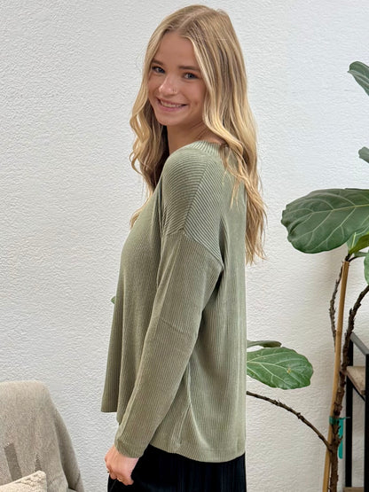 Olive V Neck Long Sleeve