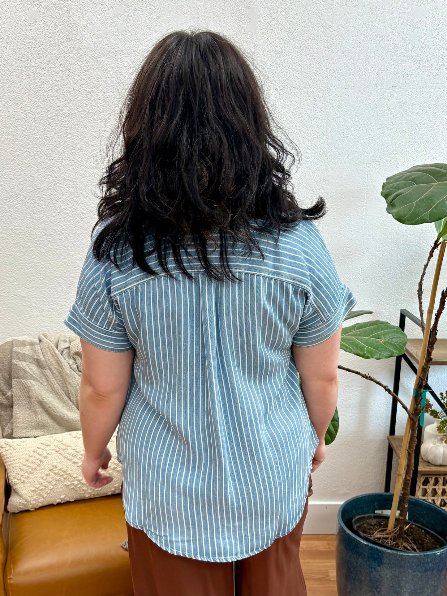 Chambray Stripe Front Pocket Button Down Top