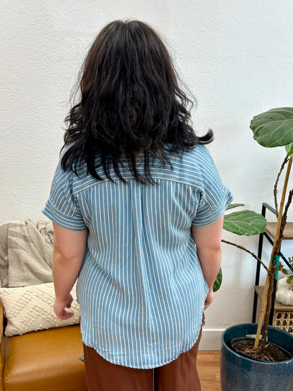 Chambray Stripe Front Pocket Button Down Top