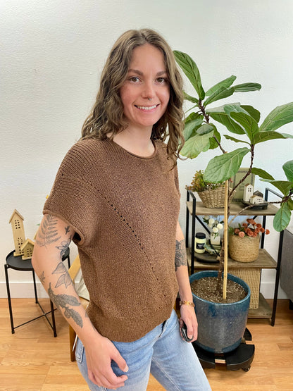 Brown V Stitch Short Sleeve Sweater