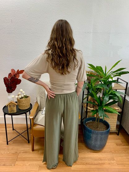 Olive Frayed Linen Blend Pants