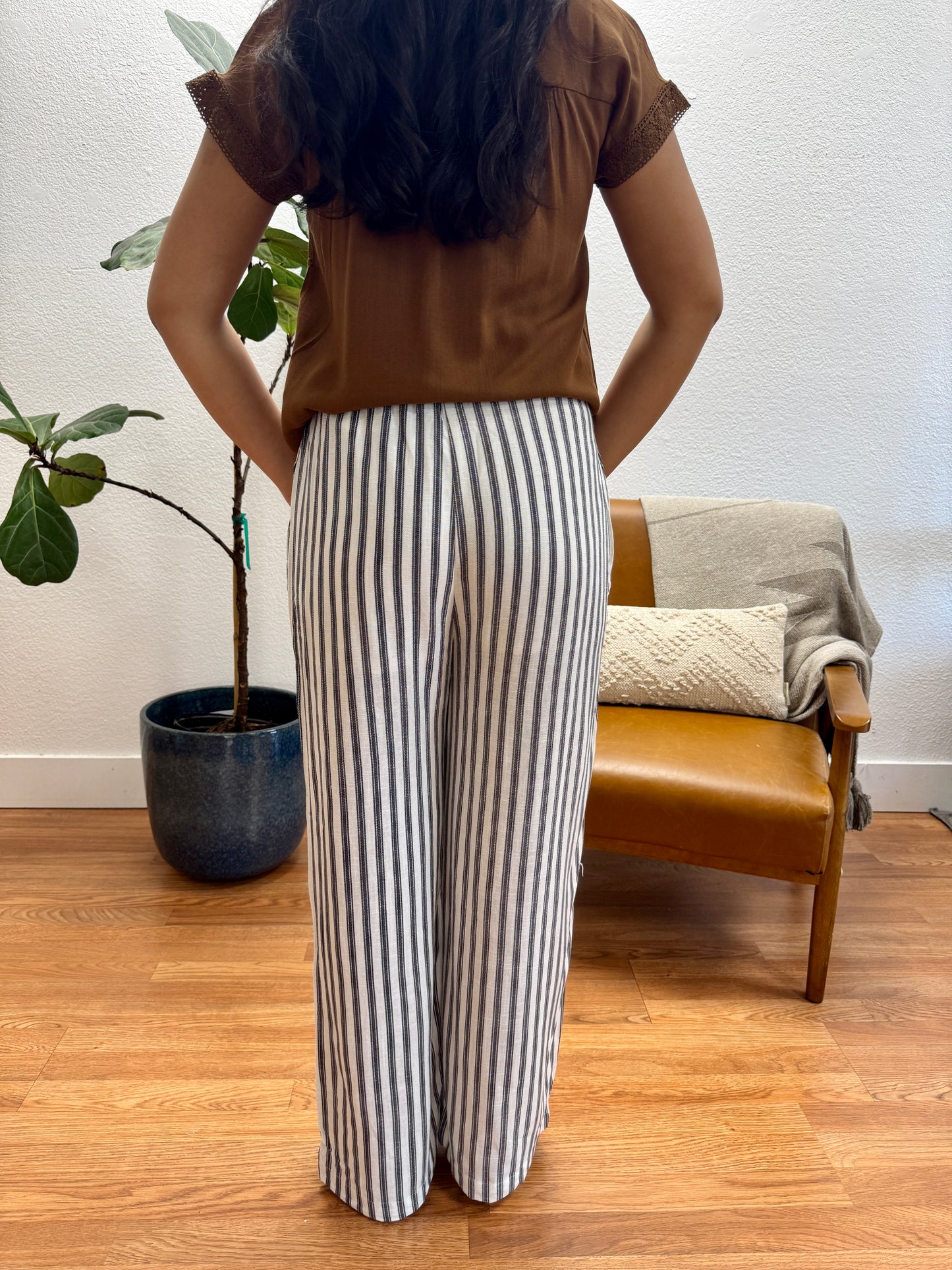 Navy Stripe Linen Wide Leg Pants