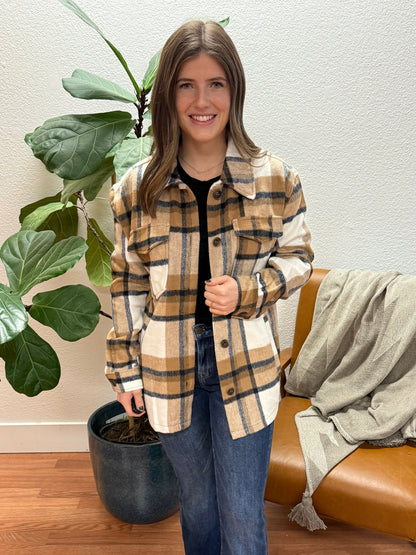 Camel Plaid Button Shacket