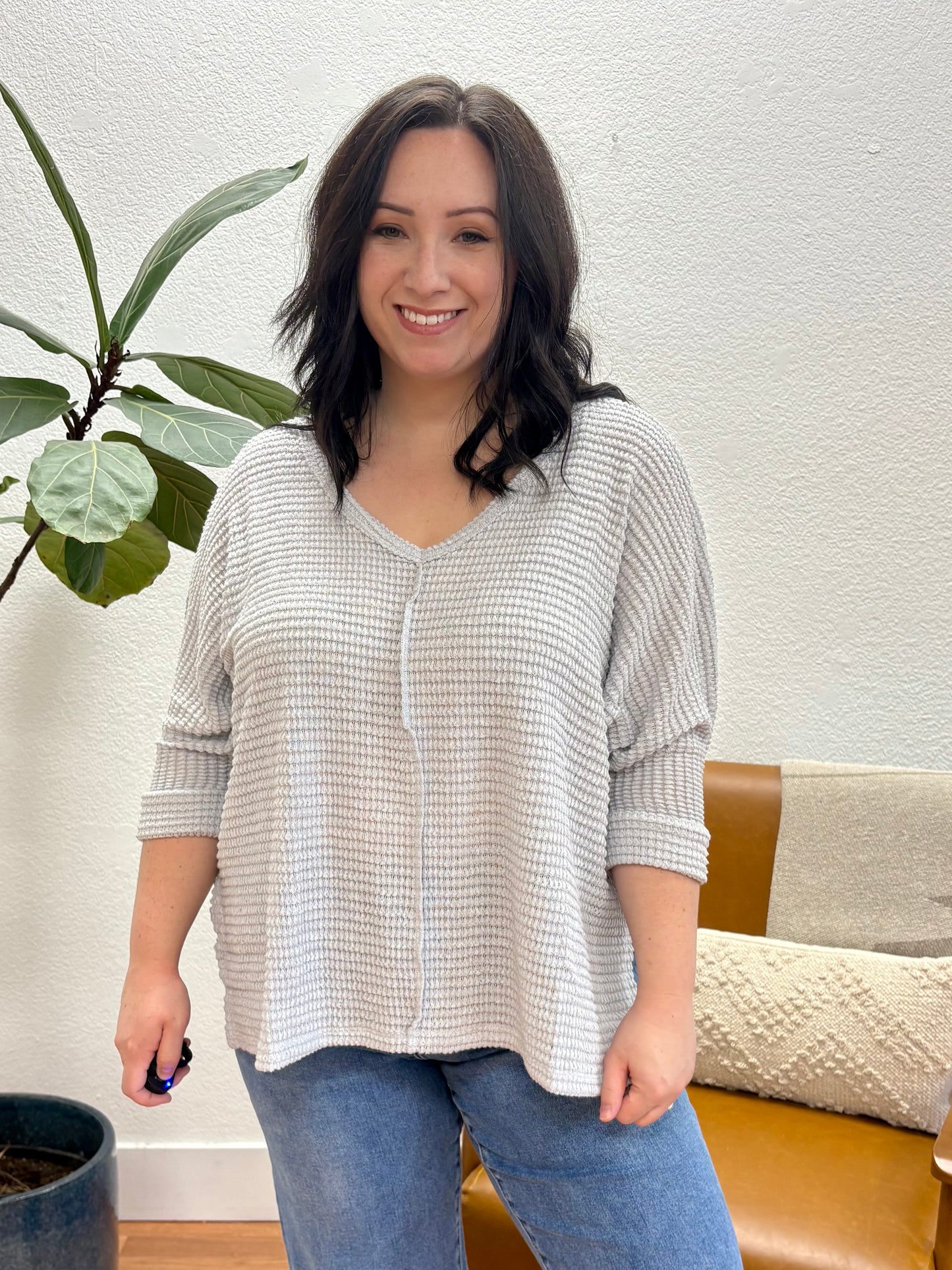 Light Grey 3/4 Sleeve Jacquard Sweater