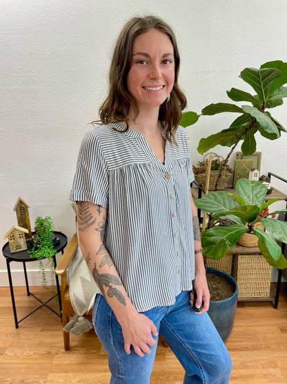 Navy Pintuck Striped Button Down