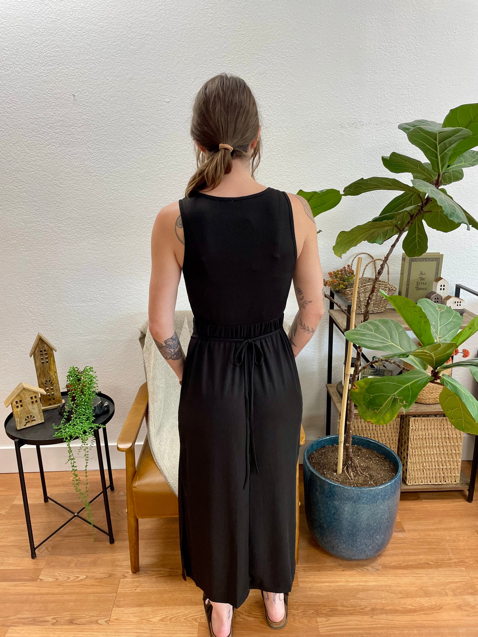 Black Ribbed Side Slit Tank Dress - Terra Cottage