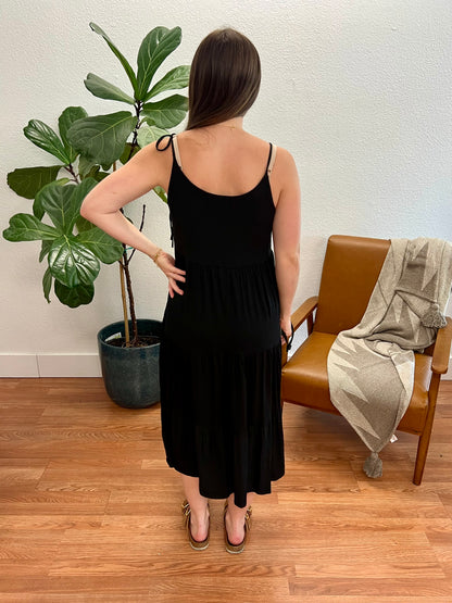 Black Tiered Solid Midi Dress