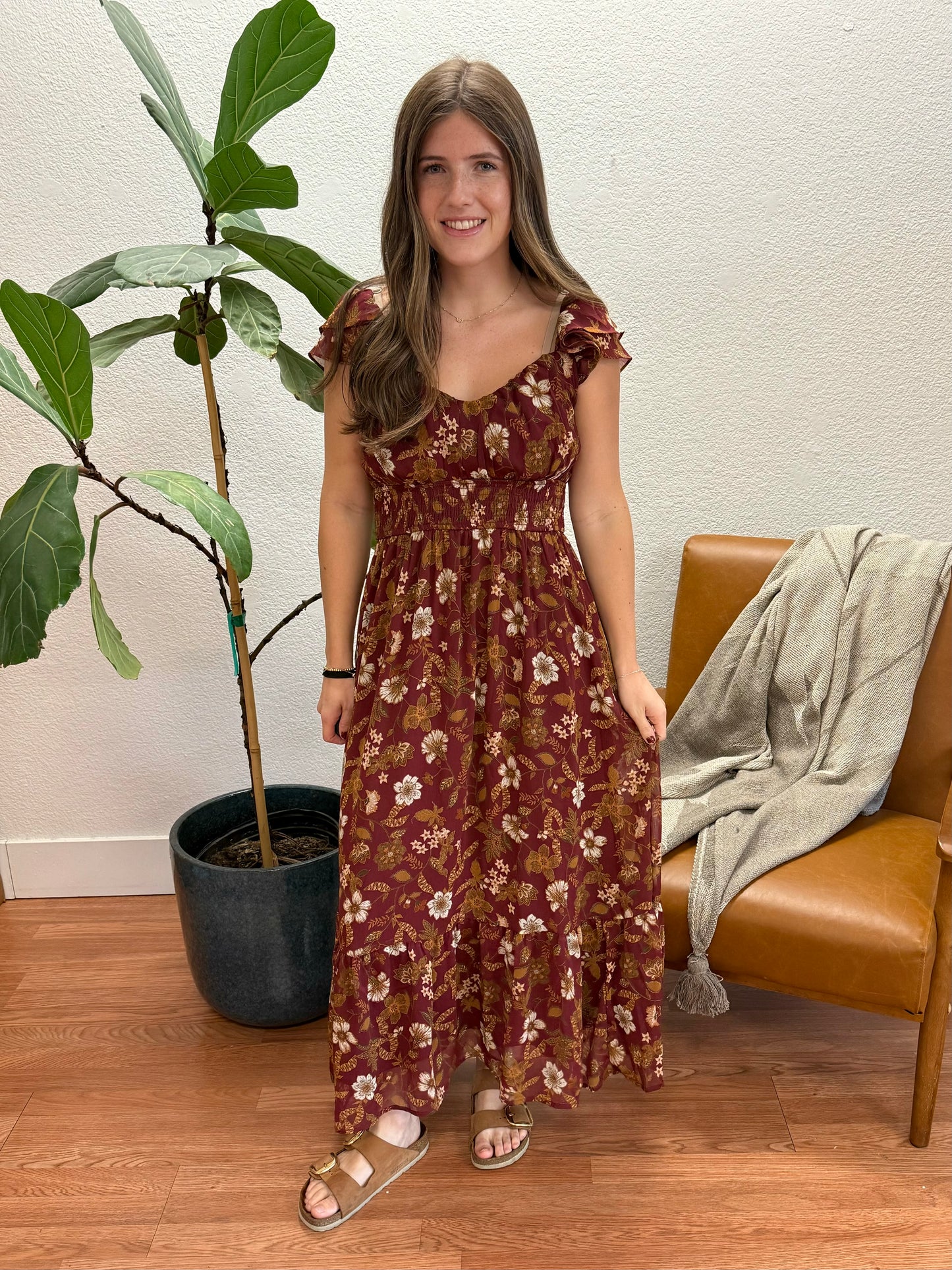 Burgundy Floral Ruffle Midi Dress