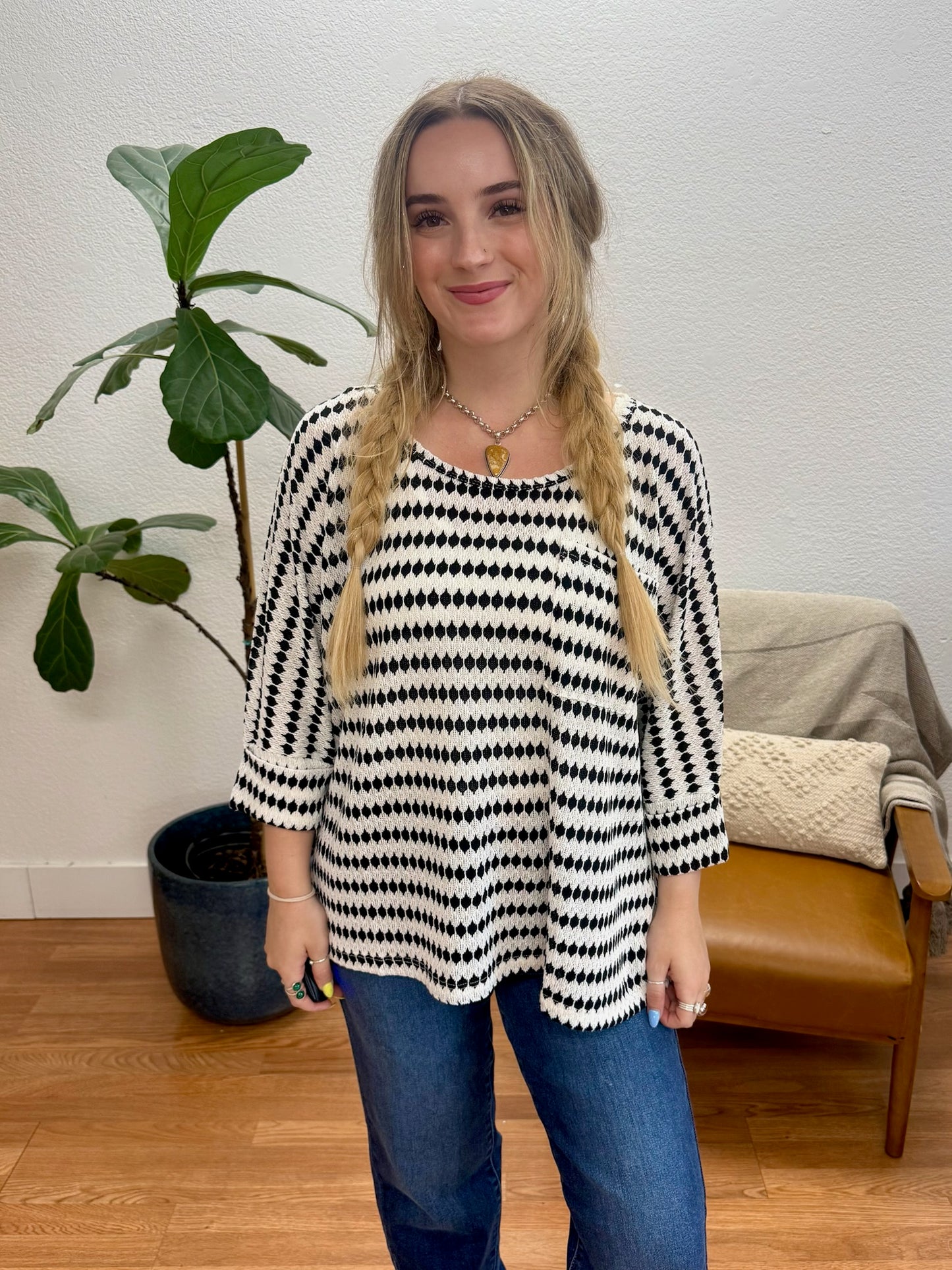 Black Stripe Patch Pocket Top