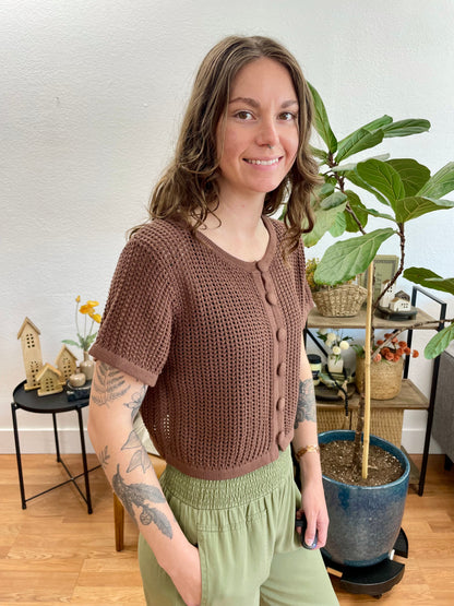 Brown Crochet Short Sleeve Cardigan