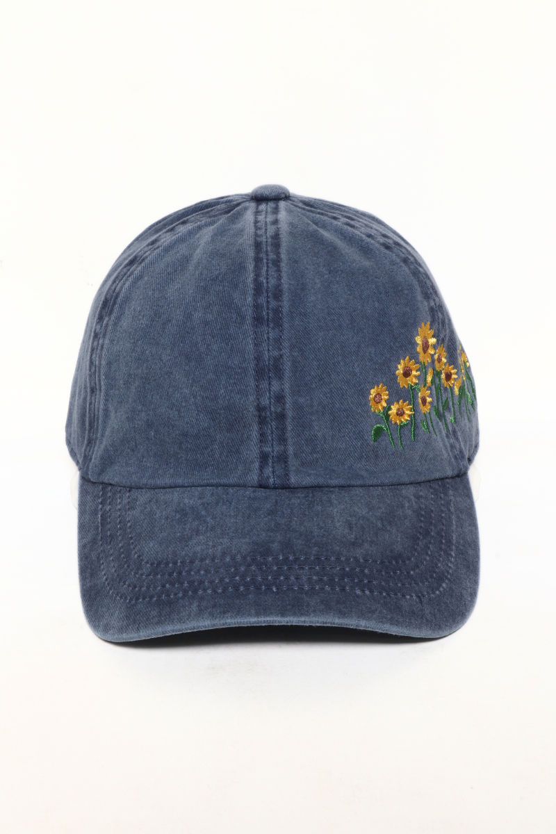 Navy Sunflowers Side Embroidery Cotton Baseball Cap