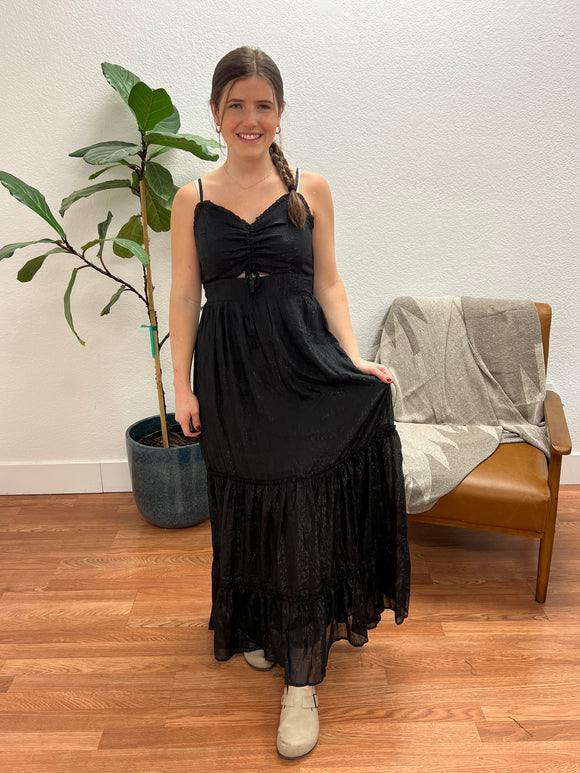 Black Lurex Cinch Front Maxi Dress