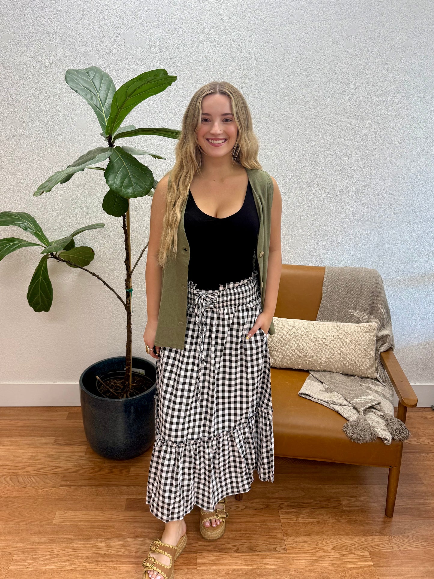 Black Gingham High Rise Smocked Skirt