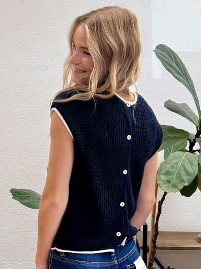 Navy Contrast Trim Short Sleeve Sweater