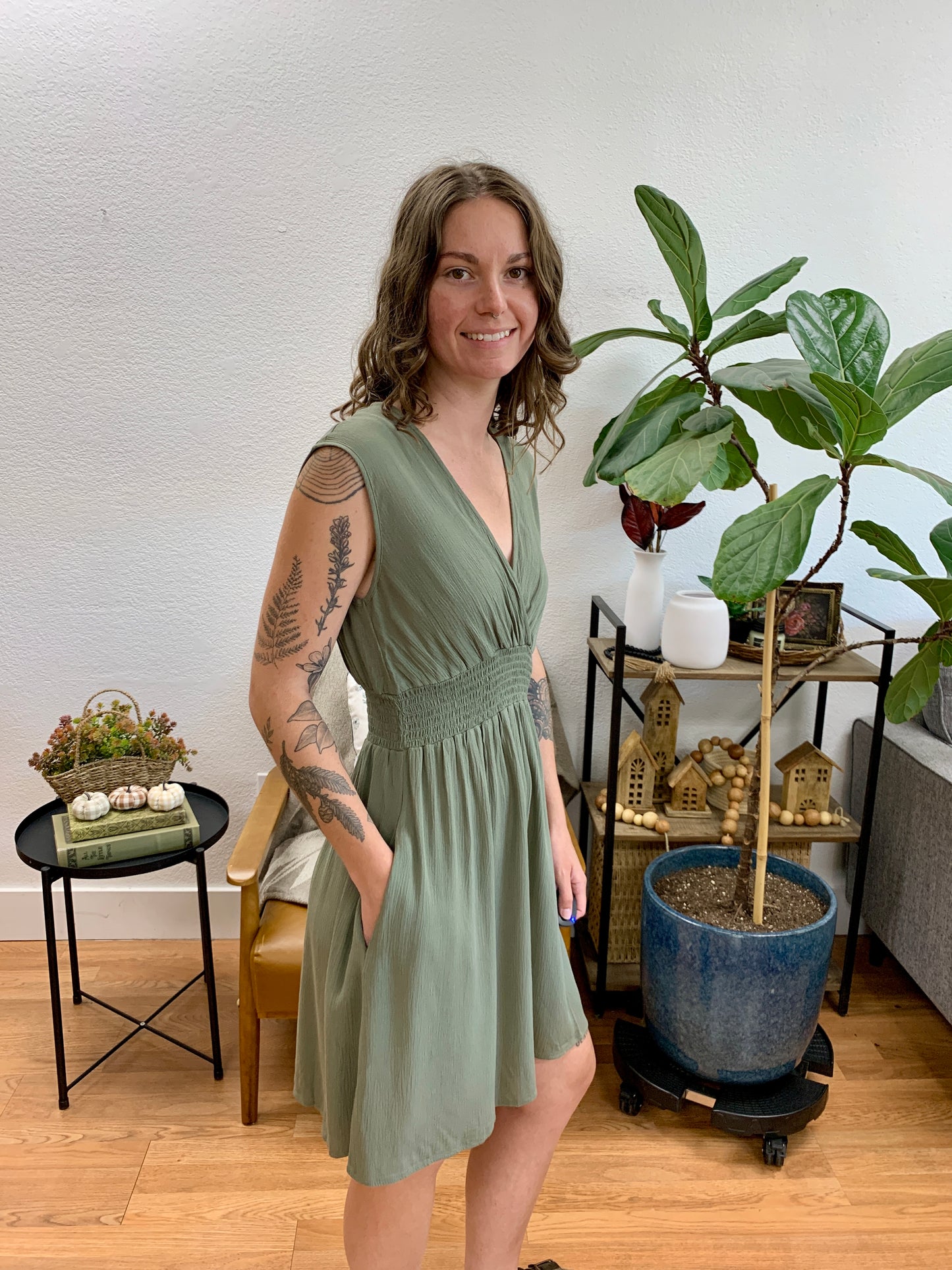 Olive Smocked Middle Dress