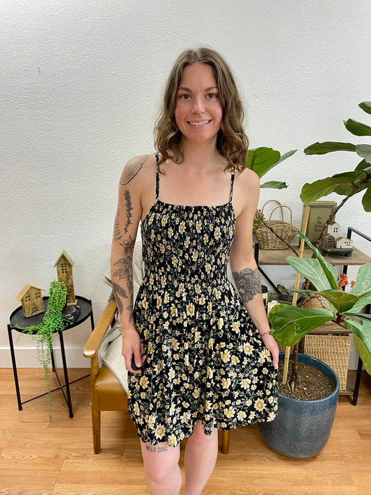 Black Floral Smocked Sundress