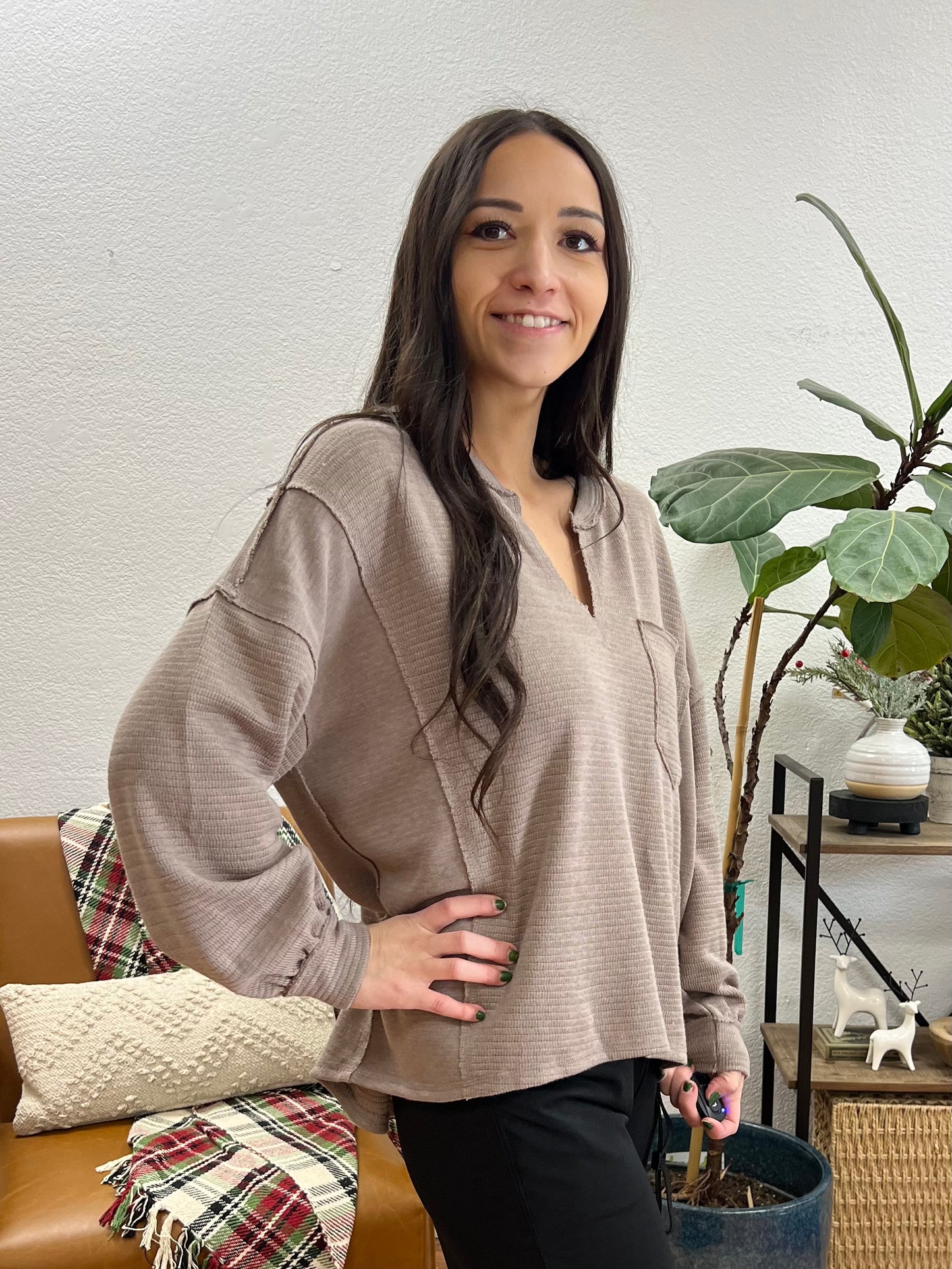 Chestnut Patchwork Split Neck Knit Top