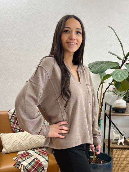 Chestnut Patchwork Split Neck Knit Top