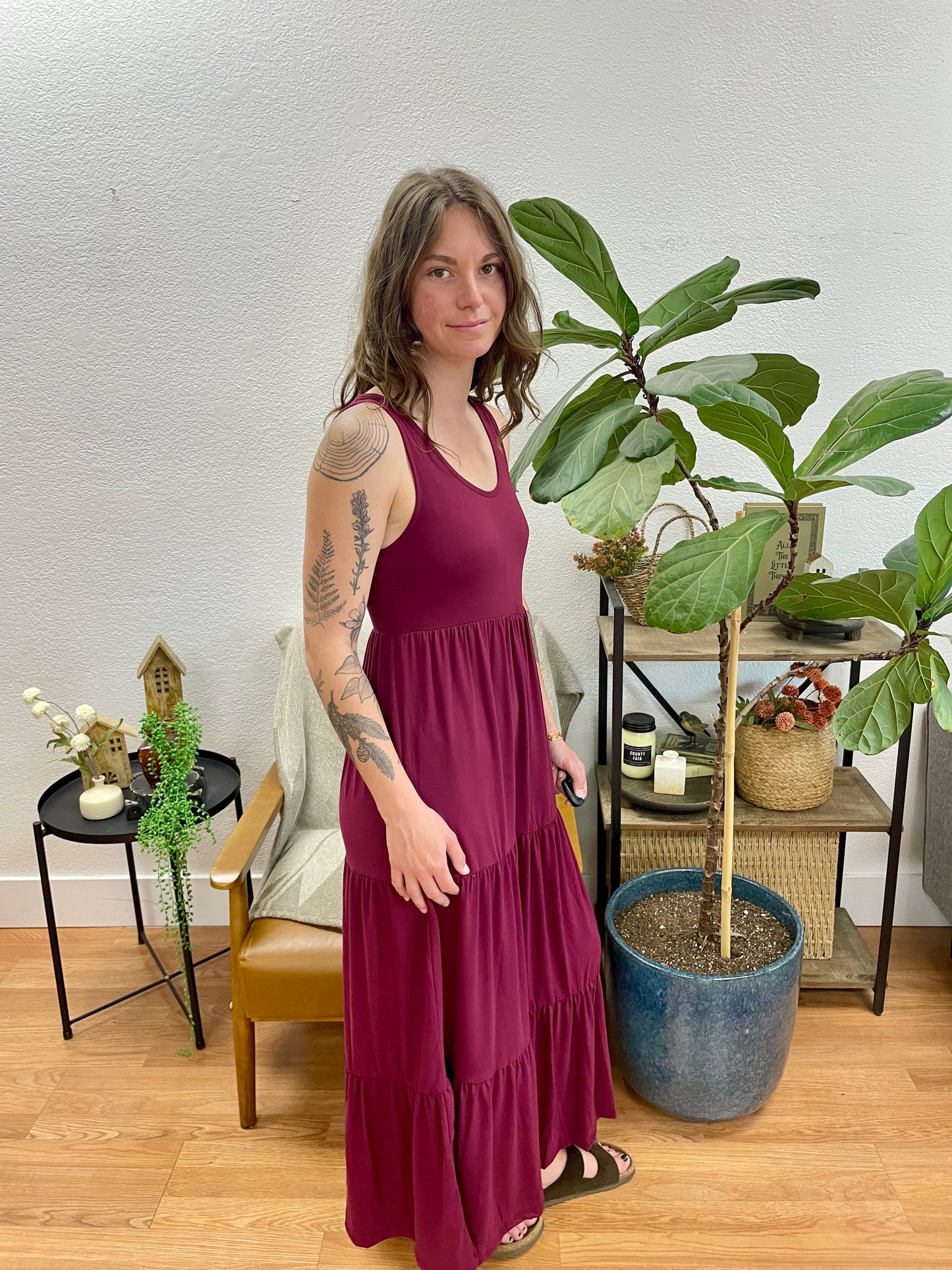 Berry Solid Layered Hem Dress