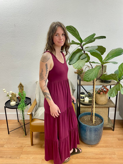 Berry Solid Layered Hem Dress