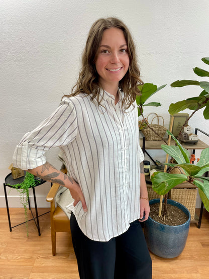 White Striped Button Up Blouse