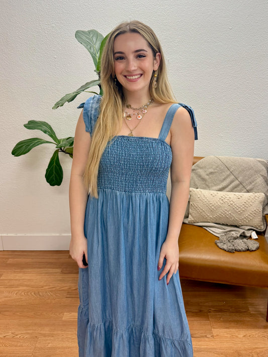 Chambray Smocked Tie Maxi Dress