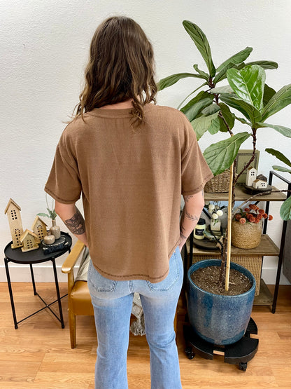 Mocha Split Neck Terry Knit Top