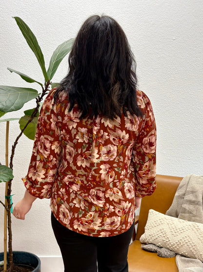 Rust Floral Ruffle Blouse