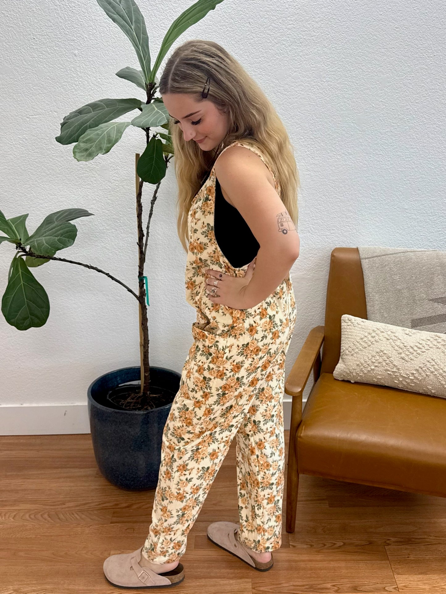 Cream Floral Overalls