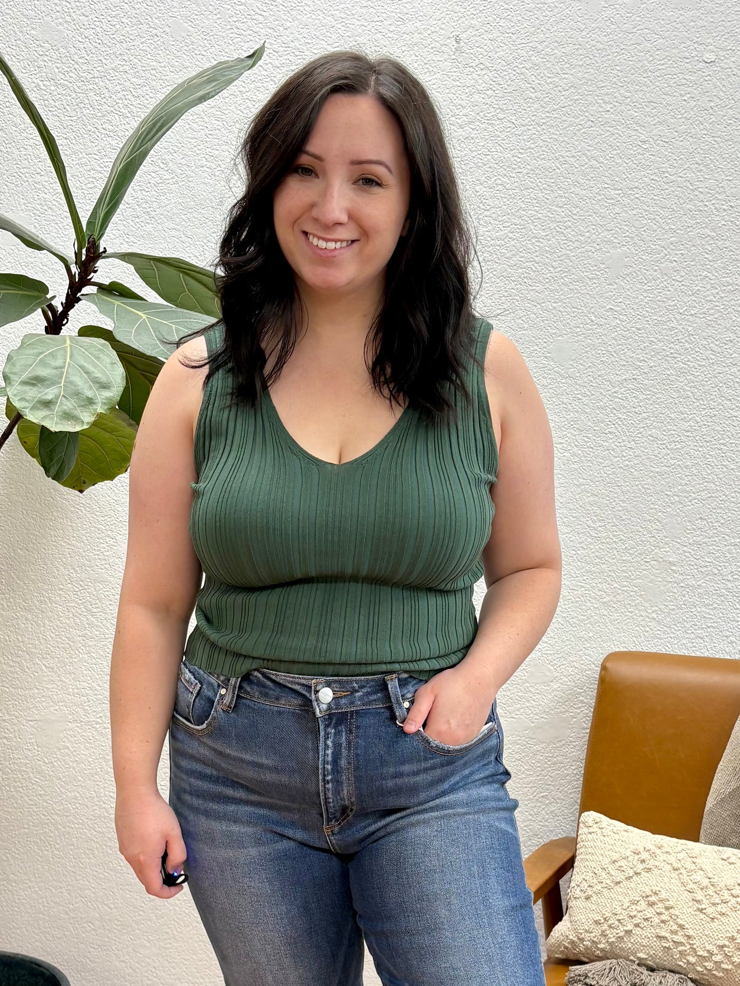 Green V-Neck Sweater Knit Tank
