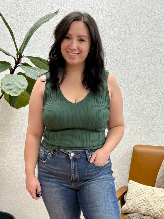 Green V-Neck Sweater Knit Tank