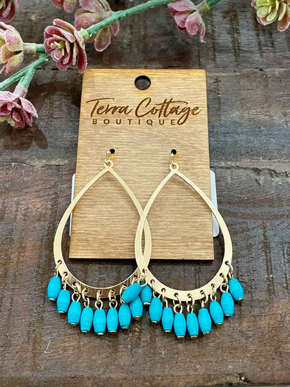 Turquoise Dangle Wood Bead Teardrop Earrings