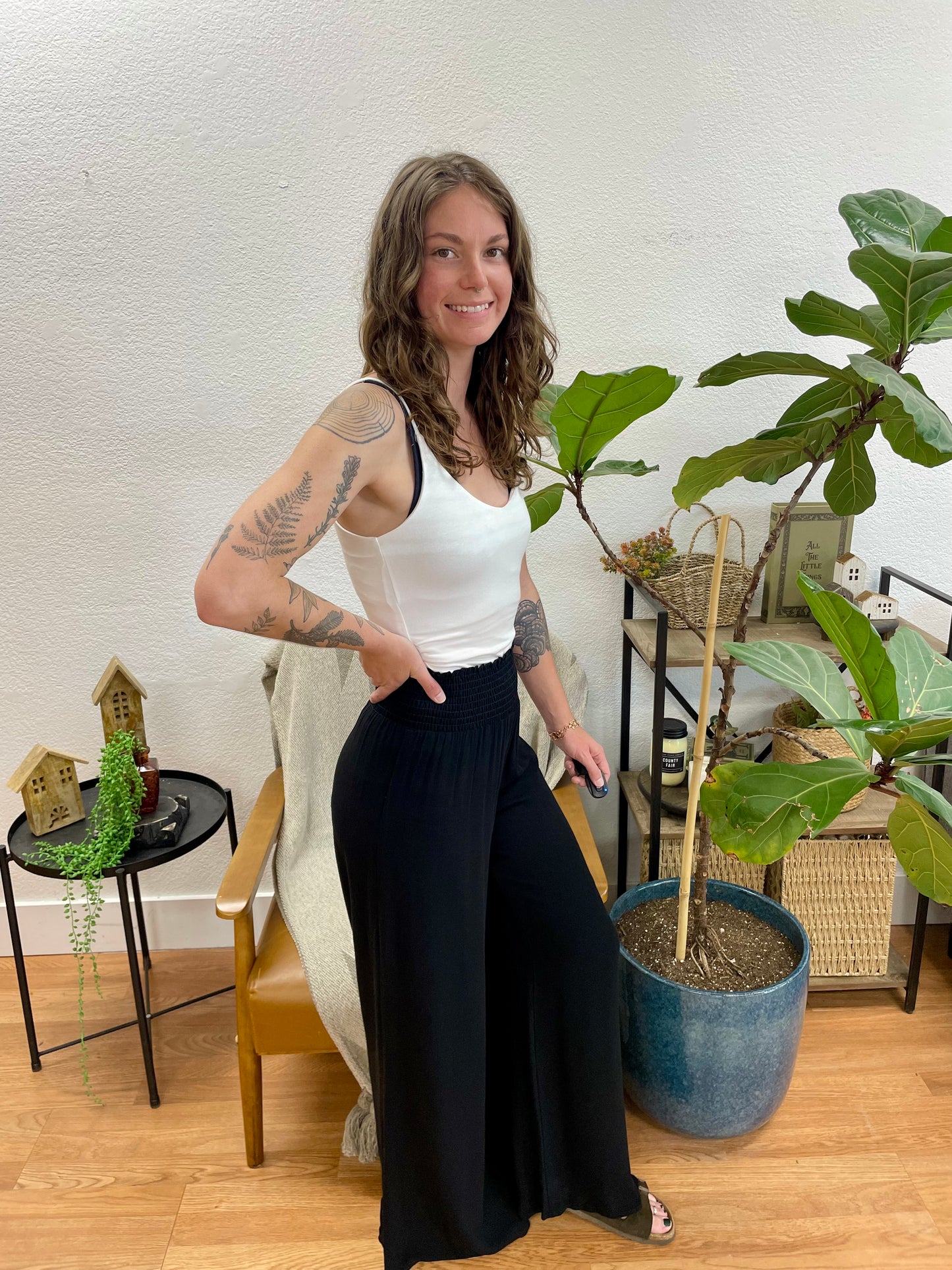 Black Crepe Smocked Pants