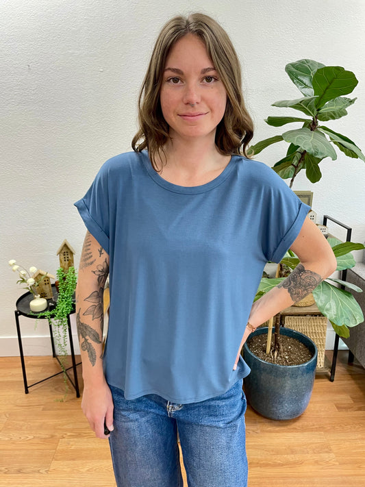 Slate Crew Neck Rolled Sleeve Top